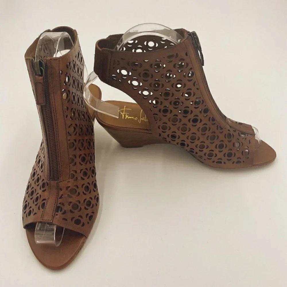 Franco Sarto Brown Laser Cut Leather Open Toe Wedge Booties Womens Size 6.5M